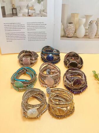 1件波西米亚风天然石手工串珠多层缠绕手链，女士饰品