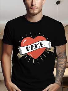 1pc Men's Custom Name-Printed Heart Graphic Black Regular Fabric Personalized Styling Retro T-Shirt Suitable For Daily Casual & Valentine's Day Occasions - Multicolor - View 2