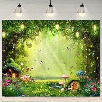 Förtrollad sagobakgrund - Svamp- och blommig skogslandskap med fjärilar, lyktor och dvärghus, polyester, perfekt för bröllop, födelsedagar och fotografering, Underlandets dekor