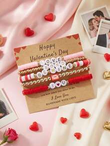 4/5/6pcs Valentine's Day LOVE Bracelet, Multi-Layer Rose, Couple Pink Heart Envelope, Soft Clay Beaded Elastic Bracelet, Valentine's Day Gift - Red - View 3