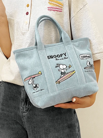 Denim Tote Bag - Surfing Theme, Denim Tote Bag - Featuring Surfing Design, Versatile And Fashionable, Suitable For Daily Use, Made Of Durable Denim And Exquisite Embroidery, An Ideal Choice For Women And Girls Daily Storage, Suitable For Daily Outings, School And Various Occasions.