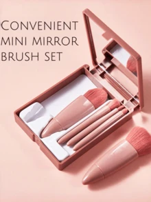 Convenient Makeup Brush Set With Mirror, Including 5 Soft And Comfortable Plastic Handle Brushes For Foundation, Loose Powder, Eyeshadow, Lip And Portable Cosmetic Tools For Women's Dainty Gifts,Brush Set,Makeup Brush Kit,Make Up Brush Set,Make Up Set Complete,Makeup Brush Set,Complete Makeup Kit,Brush Kit,Brushes Makeup Set,Makeup Gift Set,Set - 粉色 - 查看 3