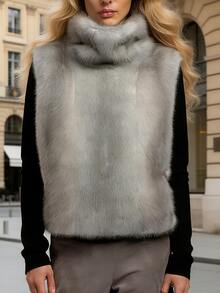 高领无袖女士短款仿毛皮外套，绒面法兰绒，常规下摆 - 灰色 - 查看 7