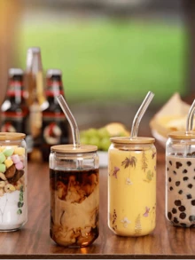 1pc High Borosilicate Glass Water Cup With Lid & Straw, Cola Cup, Mason Jar With Lid - Multicolor - View 1