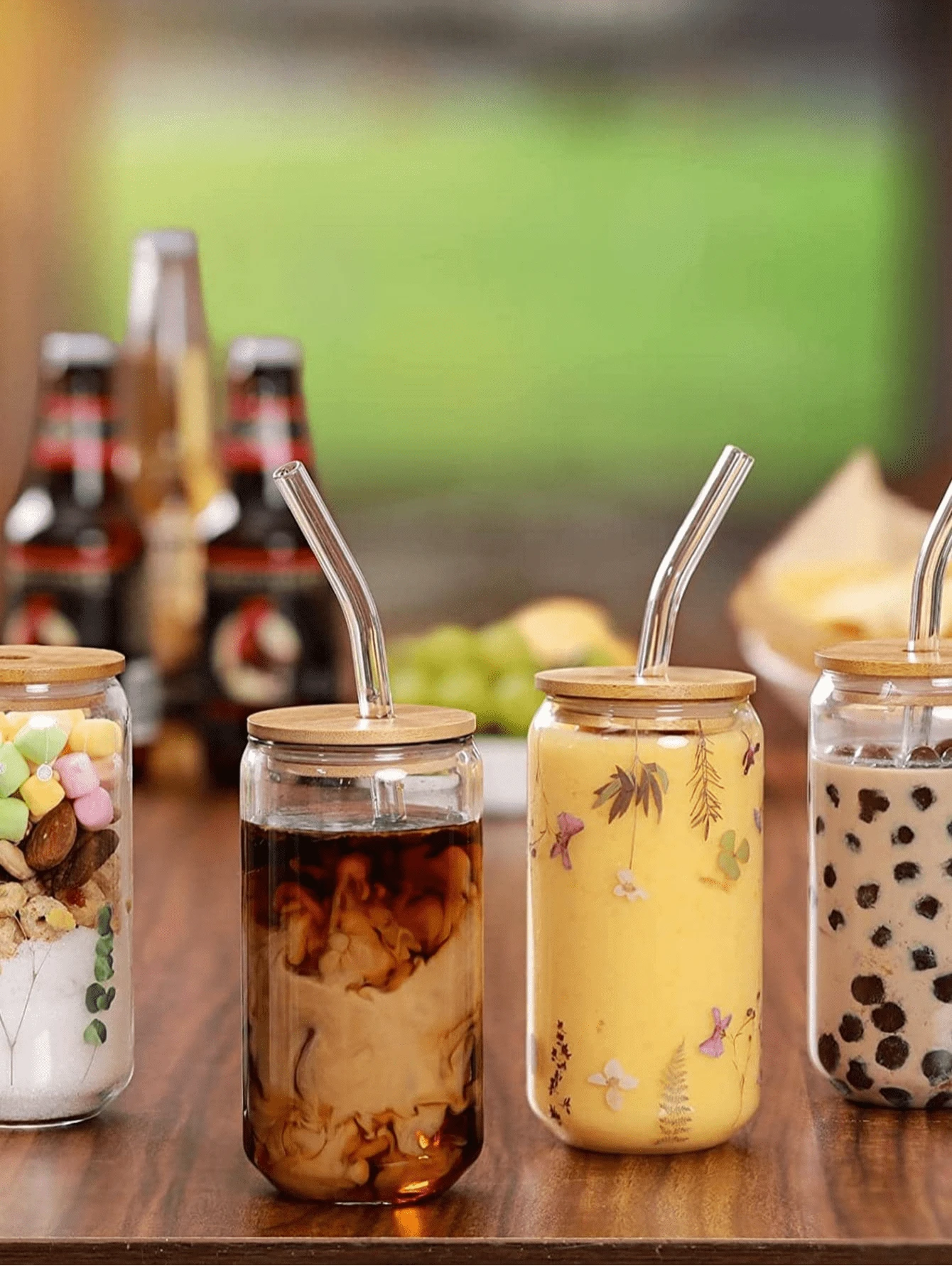 1pc High Borosilicate Glass Water Cup With Lid & Straw, Cola Cup, Mason Jar With Lid - Multicolor - View 1