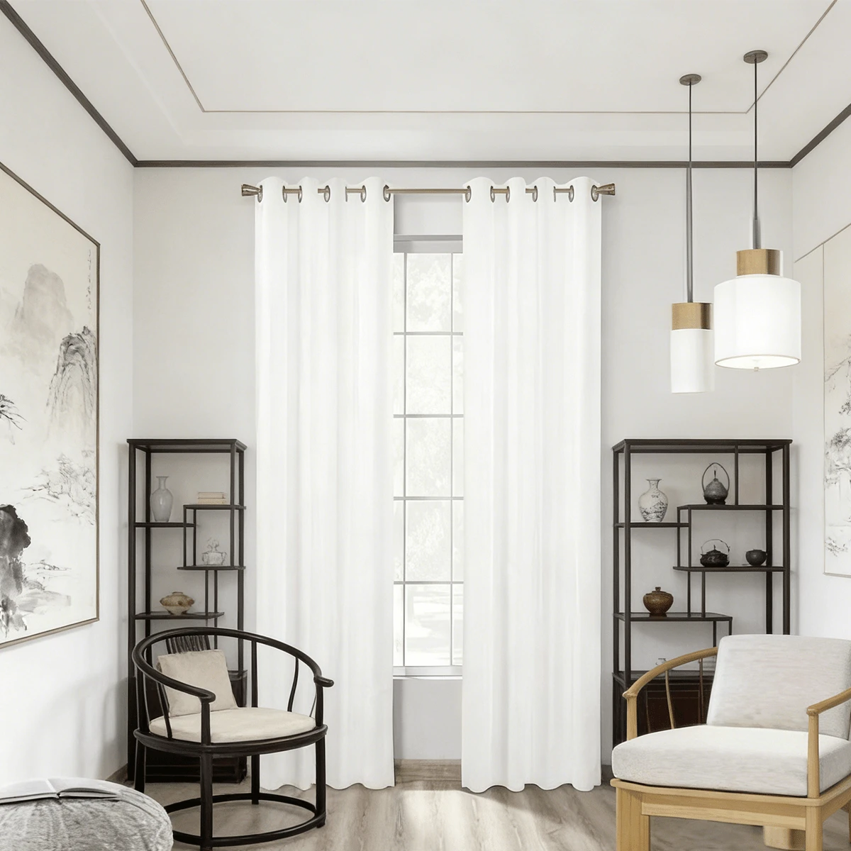 2 piezas.55.1IN*94.5IN(140cm*240cm) Cortinas de lino.Visillo semitranslúcido y transpirable.Diseño minimalista en blanco puro.Transmisión de luz natural con protección de la privacidad.La elección ideal para la decoración del hogar. - Blanco - Ver 1