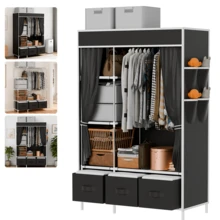 Lislark Portable Closet Storage Organizer Clothes Wardrobe Shoe Clothing Rack Shelf Dustproof Non-Woven Fabric - Black - View 8