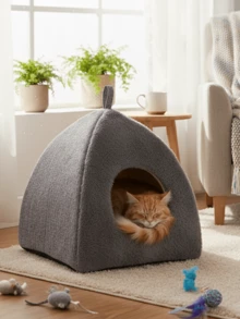 Nhà cho mèo hình mái vòm tam giác bán kín có móc treo, nội thất rộng rãi, chất liệu polyester bền chắc - Màu xám đậm. Dễ dàng vệ sinh, trang trí nhà cửa, thiết kế hiện đại, cấu trúc chắc chắn, cần thiết cho sự thoải mái và nghỉ ngơi của thú cưng. - Xám - Xem 1