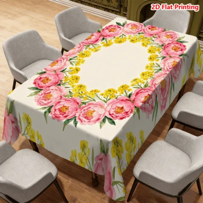 1/20pcs Spring Tablecloth, Peony Flower Yellow Pattern, Polyester Material, Suitable For Holiday Decoration, Spring Home Kitchen, Outdoor Garden Party, Restaurant Decor, Etc.