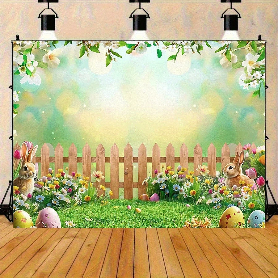 1pc Easter Photography Backdrop - 3 Rabbits, Colorful Eggs & Floral Spring Scene, Made Of Polyester Material, No Power Needed, Artistic Design, Lightweight Material, Seasonal Decor, Social Media Content Creator, Event Planning, High-Quality Printing, Party Theme, Holiday Atmosphere, Easy Setup