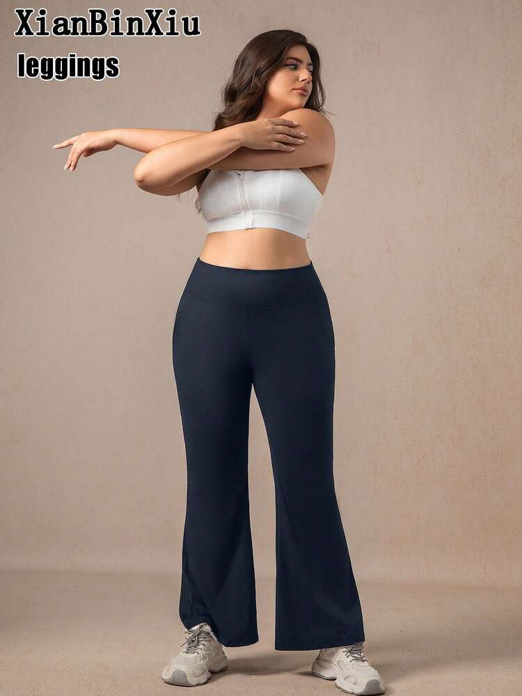 XianBinXiu 1件加大码藏蓝色喇叭瑜伽裤，高腰显瘦休闲瑜伽裤，带口袋，针织面料，弹性舒适，适合日常休闲穿着和瑜伽，四季皆宜，吸湿排汗弹力打底裤，低强度瑜伽、普拉提、芭蕾舞工作室休闲穿着，春夏款 - 藏蓝色 - 查看 5