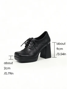 Women's Oxford Shoes Color-Block Square Toe Platform Chunky Heels Pumps Lace-Up Mary Janes Shoes For New Year And Christmas Party - 黑色 - 查看 7