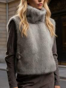 高领无袖女士短款仿毛皮外套，绒面法兰绒，常规下摆 - 灰色 - 查看 8