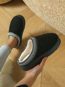 冬季时尚全绒拼接雪地靴、踝靴、情侣厚底保暖拖鞋、室内/室外防滑耐磨复古拖鞋 - 黑色 - 查看 11
