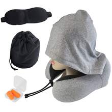 Neck Pillow With 100% Light-Blocking Hood For Traveling, Upgraded Travel Neck Pillow For Airplane 100% Pure Memory Foam Travel Pillow For Flight Headrest Sleep, Portable Plane Accessories, Light Grey - 淺灰色 - 查看 9