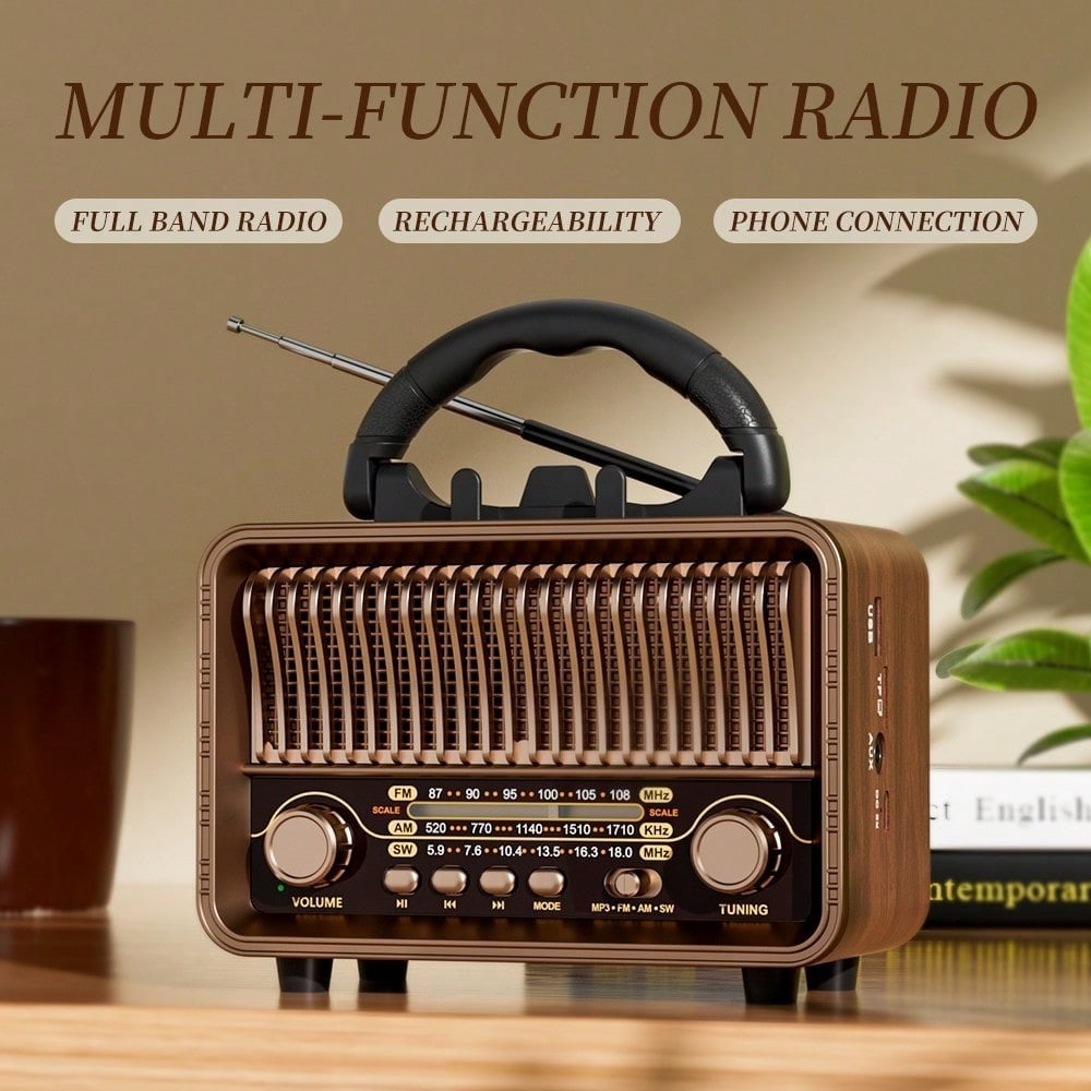 1 pezzo Radio vintage, supporta ricezione AM/FM/multiband, ricarica USB e riproduzione da scheda TF, dotata di antenna esterna, radio personale per