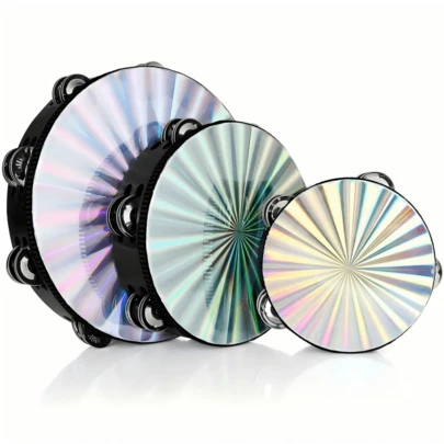 1个手持木制手鼓，6/8/10英寸，激光反射金属双环铃铛，音乐节奏鼓，适用于KTV、派对、舞蹈、奥尔夫打击乐器、行进小军鼓，声音洪亮清晰，外观精美，适用于舞台表演、节日聚会、音乐礼品、派对用品、乐器配件、音乐节道具、户外活动、露营、旅行、家庭娱乐、开斋节、宰牲节。