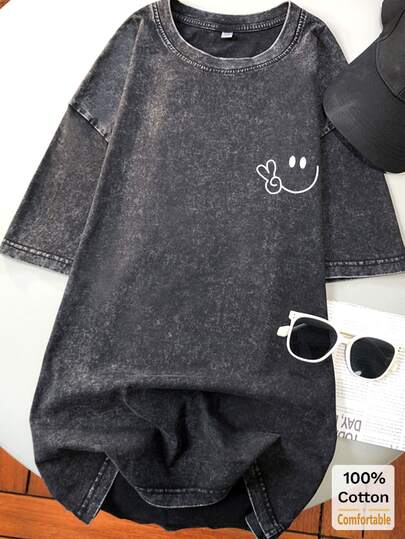 女士超大款水洗黑色长袖T恤，笑脸图案，宽松版型，复古时尚