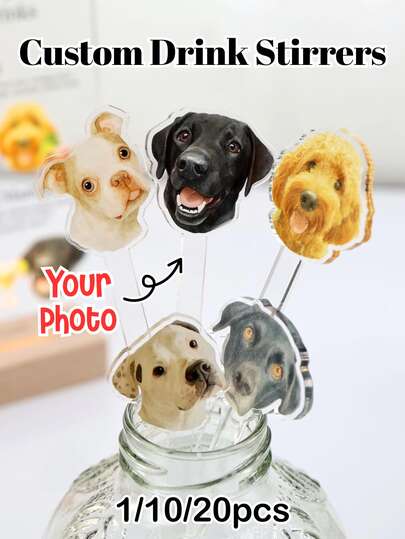 1/10/20pcs Personalized Pet Face Drink Stirrers – Custom Acrylic Cocktail Swizzle Sticks For Dog & Cat Lovers, Party Drinks & Birthday Decor, For Weddings, Bachelorette Parties, Home Bars & Valentine's Day Gifts
