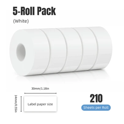 5-Pack Thermal Label Paper Rolls – 30mm Standard White Labels, 210 Sheets Per Roll, Self-Adhesive Inkless Waterproof Refill For Mini Bluetooth Label Maker, Ideal For Home, Office, Journaling & Daily Organization