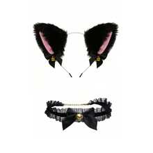 Diadema con orejas de gato y juego de cola a juego de poliéster esponjoso - Disfraz de mujer lindo y sexy, incluye pinza para el cabello con lazo brillante y cola de peluche desmontable, adecuado para fiestas con tema sexy, fotografía boudoir, convenciones de anime y atuendos de discoteca, un regalo encantador y sexy perfecto para ella - Negro - Ver 2