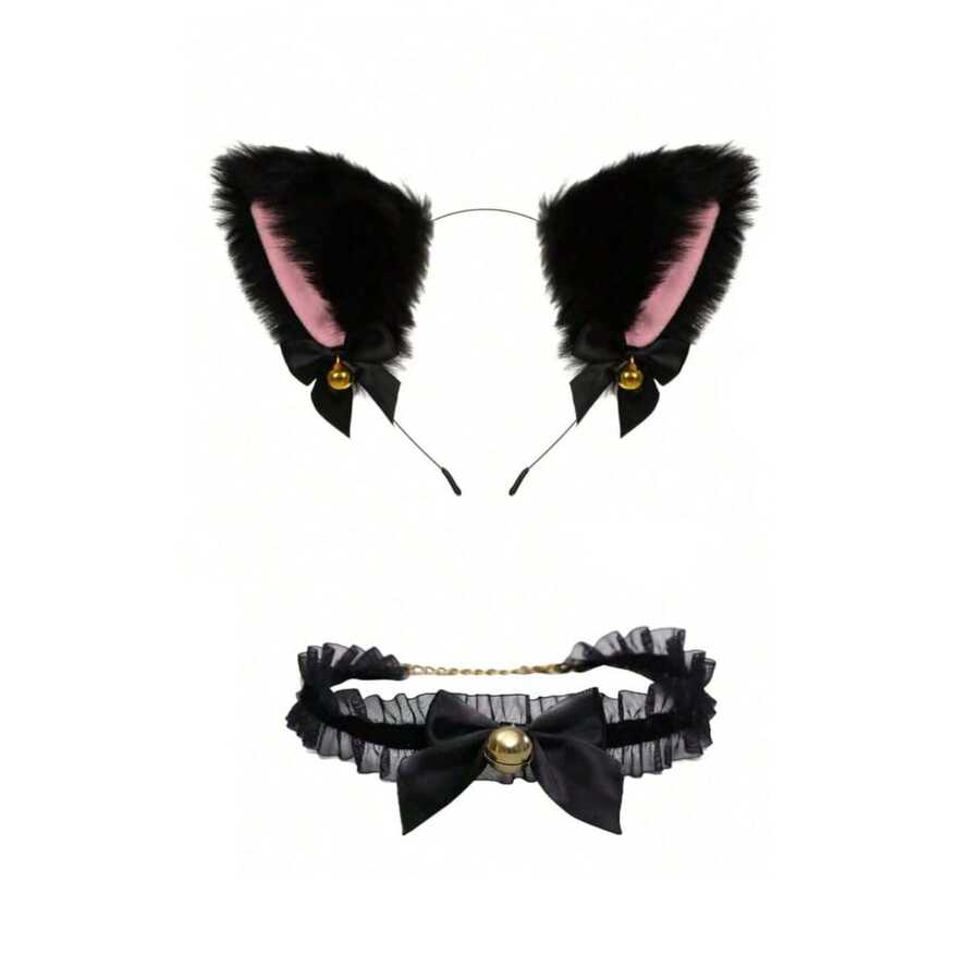 Diadema con orejas de gato y juego de cola a juego de poliéster esponjoso - Disfraz de mujer lindo y sexy, incluye pinza para el cabello con lazo brillante y cola de peluche desmontable, adecuado para fiestas con tema sexy, fotografía boudoir, convenciones de anime y atuendos de discoteca, un regalo encantador y sexy perfecto para ella