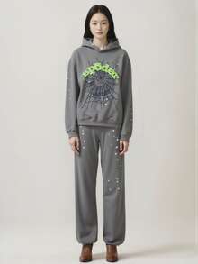 Men Women Hip Hop Spider Web Print Hoodies Sweatshirt Pants Autumn Gothic Punk Long Sleeve Loose Hooded Oversized Pullover Tops  Spring/Fall    Regular Fit    Drawstring  Pocket  Rib-Knit    Halloween - Army Green - View 2