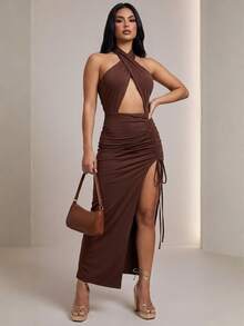 Vestido corto sexy tejido stretch tipo  lycra cintas para anudar corte recto con drapeado en costado  bajo ajustado ideal calor día noche fiesta playa evento festival primavera verano dama mujer sensual - Café - Ver 2