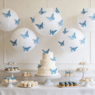 Romantic Valentine's Day Butterfly Decor Lantern | Dessert Table Decor, Dinner Table Setting For Intimate Atmosphere! Blue Butterflies Accent White Lanterns, Ideal For Engagement Party, Girlfriend's Birthday Party Romantic Decoration