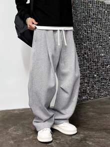 1pc Men's Loose Casual Solid Color Wide Leg Pants, With Drawstring Waist And Large Pockets, Suitable For Daily Walking, Work, Travel And Other Occasions