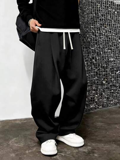 1pc Men's Loose Casual Solid Color Wide Leg Pants, With Drawstring Waist And Large Pockets, Suitable For Daily Walking, Work, Travel And Other Occasions