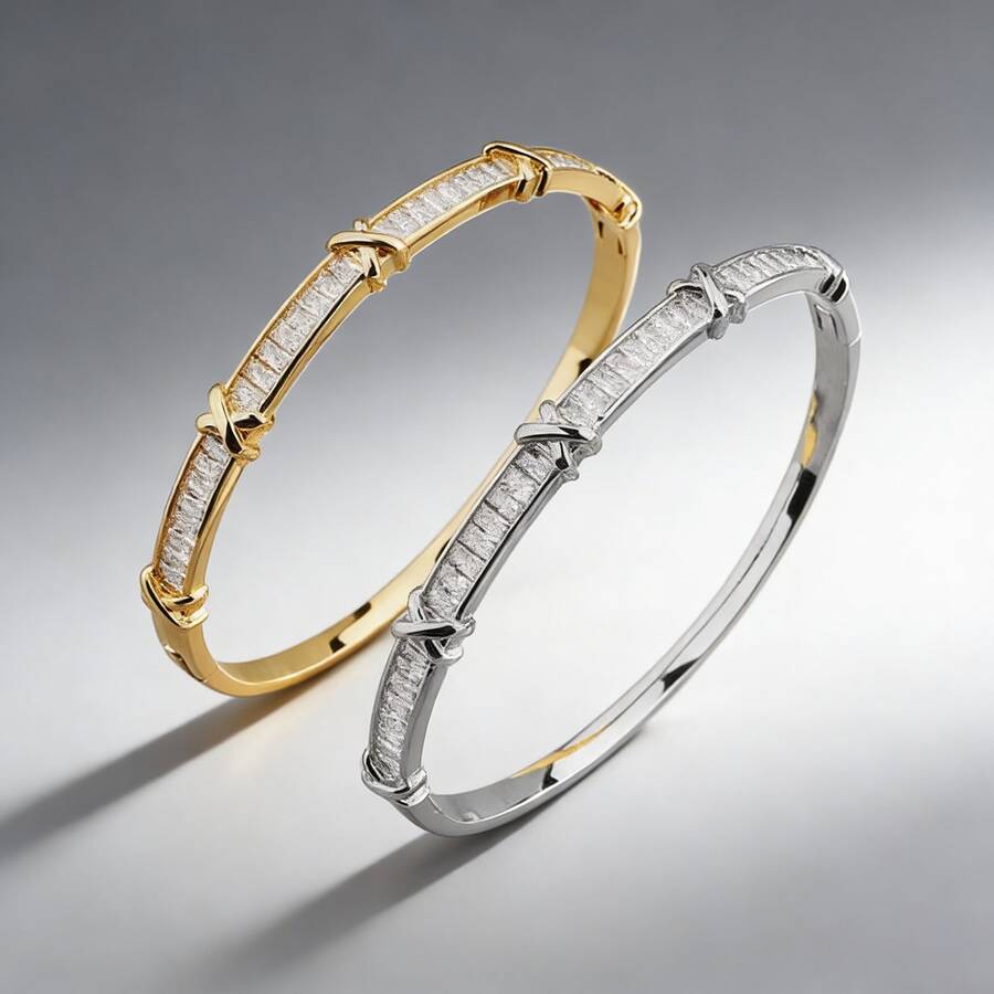 1pc 18K Gold Plated Copper Crystal White Diamond X-Shape Clasp Bracelet, Elegant & Simple, Versatile Daily Accessory