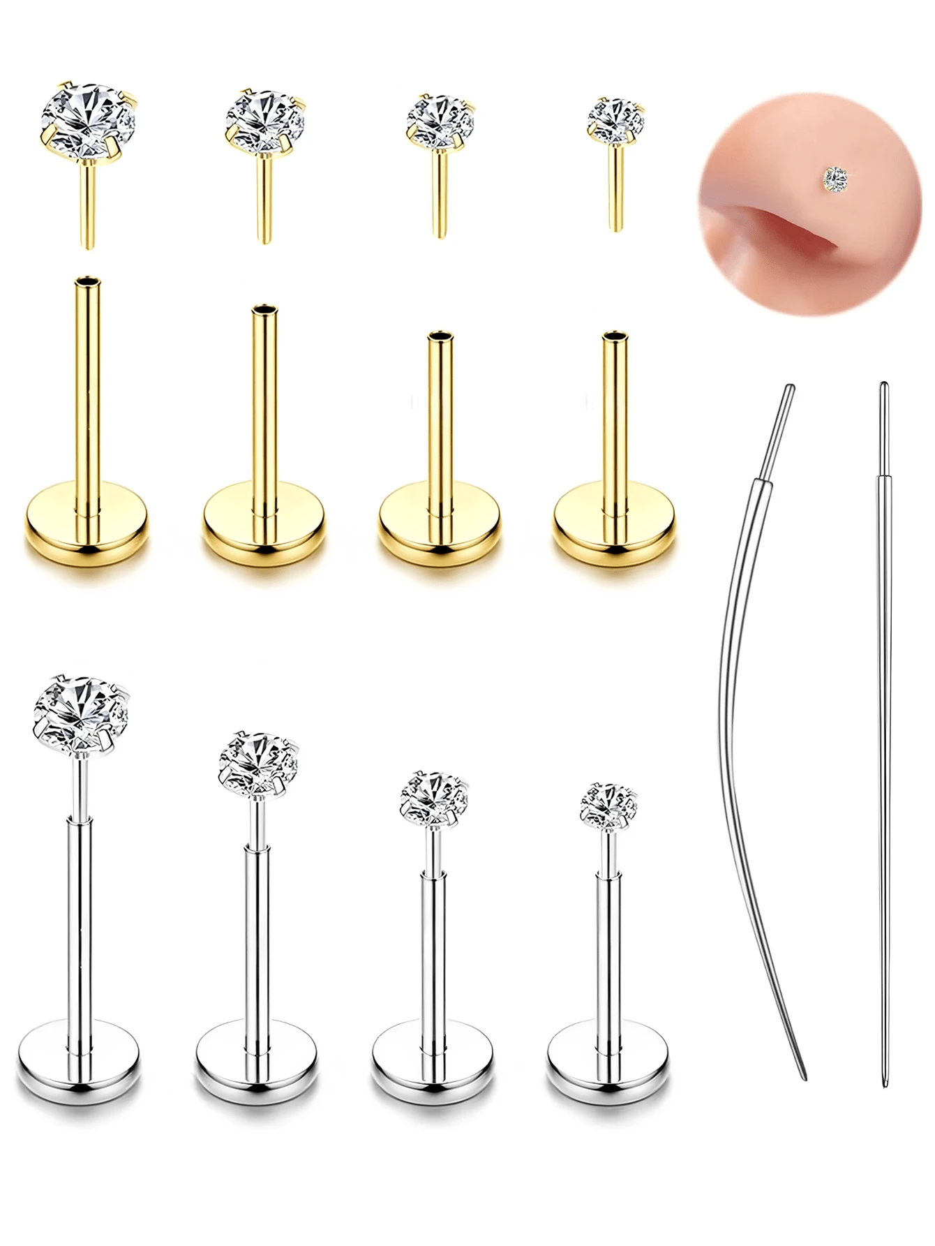 18G/20G 14K Gold Plated Flat Base Nose Stud, Threadless, Women's Nose Ring, Low Allergy Surgical Stainless Steel, Nose Piercing Jewelry - As Shown - View 1