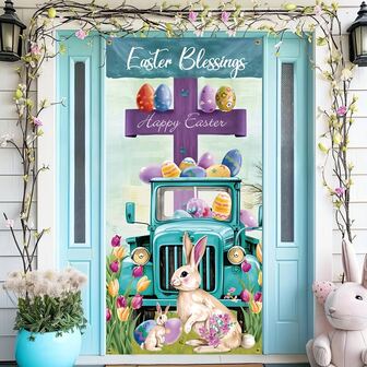 Påskvälkomstskylt för veranda, kaninlastbil, högtidsdekor, presentbanderoll, hem- och köksdekor, dörrgardinflagga, väggfönsterhängande, vertikal banderoll för karneval, slitstarkt polyestermaterial, inomhus-/utomhusbruk, högtidsdörrdekor, fönsterbanderoll, kaninlastbilsdekoration, dekorativ dörrflagga, kaninlastbilsdesign, högtidsmönster, varaktig dekoration, slitstark polyesterbanderoll, högtid