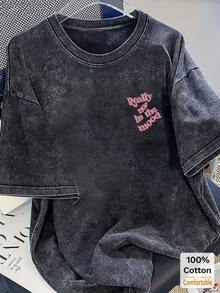 女士超大款复古黑色水洗长袖T恤，字母图案，宽松时尚休闲春季款 - 黑色 - 查看 1