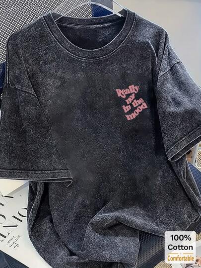 女士超大款复古黑色水洗长袖T恤，字母图案，宽松时尚休闲春季款