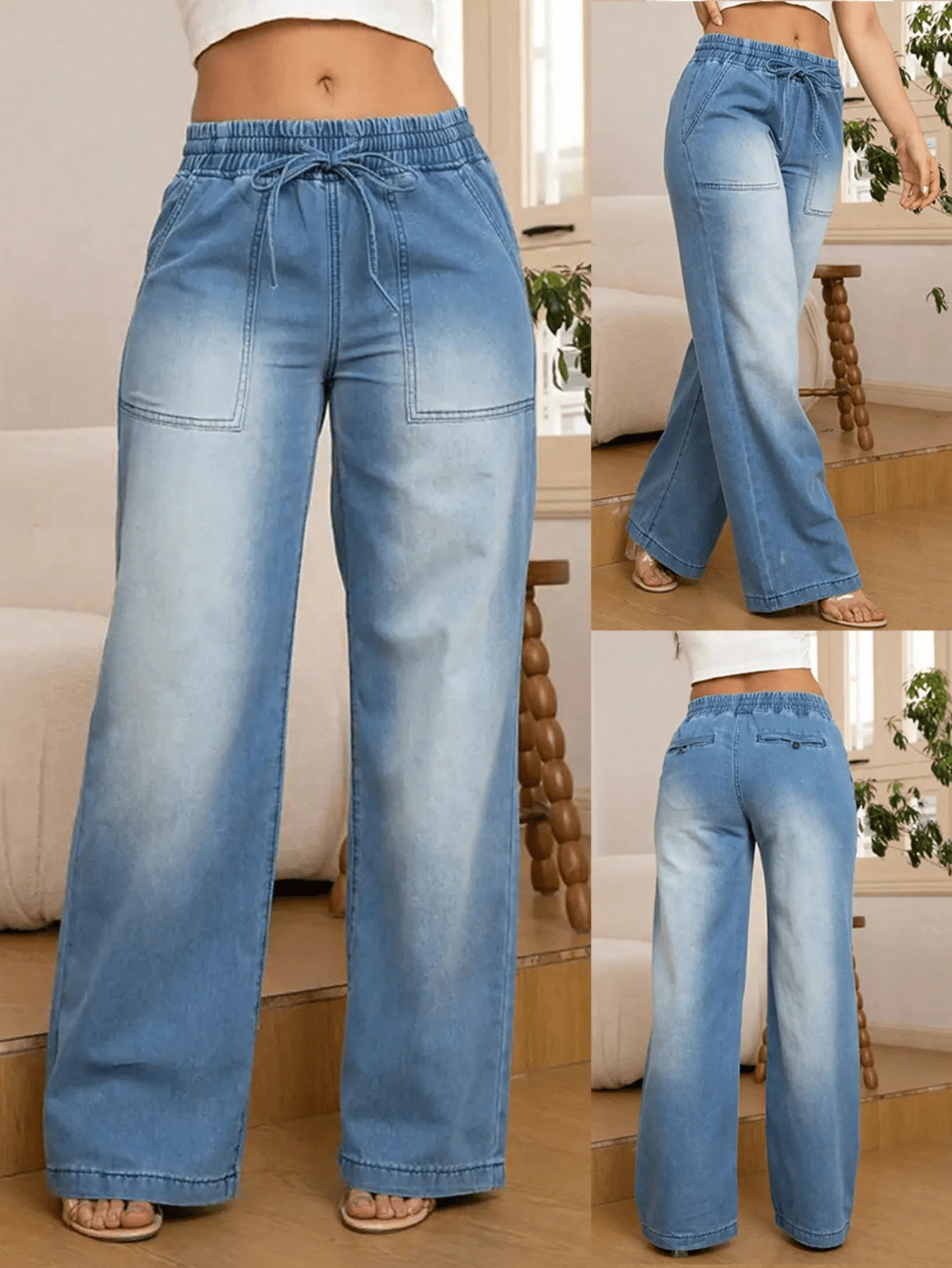 Fashionable Versatile Women Straight-Leg Wide Denim Pants With Back Pockets And Elastic Waist,Suitable For All Seasons, Paired With Distressed Craftsmanship, Fashionable And Youthful, Suitable For All Seasons, With Multiple Pockets, Suitable For Going Out, Cocktail Parties, Christmas, Nightclubs, Banquets, Valentine's Day,Clothes,Valentine Outfits For Women,Film Festivals, Cinemas, Balls, Cocktail Parties, Bars, Weddings, Graduation Ceremonies, Homeships, Birthday Parties,  Rebellious Girls, Festival-Themed Parties, Outdoor Outfits, Streetwear, Fashion Shows, Dates, Valentine's Day, Working Outside Universities, Schools, Villages,  Concerts, Street Girls, Girls, Country-Style Women's Clothing, The Best Women Out Ladies' Vacation Clothing, Country Concert - 淺色水洗藍 - 查看 1