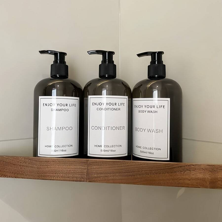 3 piezas de botellas redondas de hombros Boston de 500ml/16oz de color negro opaco, contenedores rellenables para champú, gel de baño, acondicionador, loción, jabón de manos, detergente para la ropa, con cabezales de bomba de plástico negro, accesorios de baño