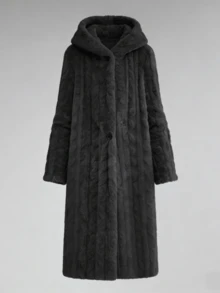 Beige Faux Fur Cable Knit Long Coat, A Fashion - Forward & Warm Hot Outfit Crafted With Premium Fuzzy Material, Boasting A Flowy Longline Silhouette And Classic Cable Knit Pattern, Ideal For Adding Elegant Winter Style By Pairing With Sweaters Or Blouses In  Define Jacket  Sports Jacket  Ski Clothes Women  Zip Up Jackets  Fitted Jacket  Winter Coat For Women  Abrigos De Invierno Para Mujer  Women's Winter Clothing Of Women's Winter Clothing Women's Winter Fashion Women's Winter Promotion Of Women's Winter Clothing Christmas  Ugly Christmas Sweater Women Curve - 灰色 - 查看 4