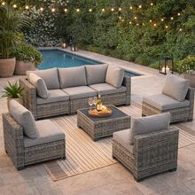 7 Pieces Outdoor Patio Furniture Set, Modular Wicker Sectional Sofa With Glass Coffee Table & Cushions, All-Weather Rattan Conversation Set For Backyard Garden-Grey Rattan Grey Cushions - 灰灰色 - 查看 6