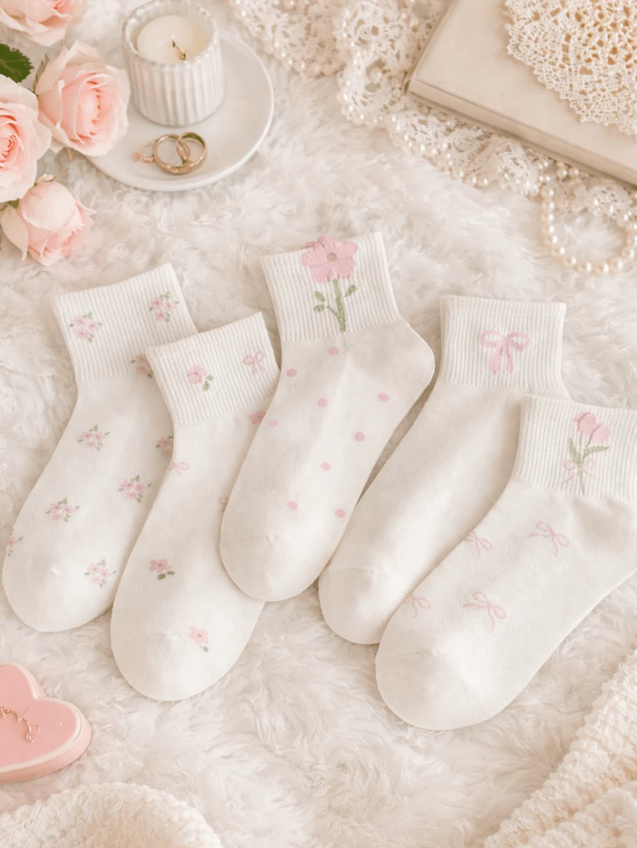 5双儿童纯色中筒袜，饰有可爱的花朵刺绣。适合儿童穿着，男女童皆宜。袜子柔软舒适透气，是春、夏、秋、冬四季送给男孩女孩的理想礼物。 - 彩色 - 查看 1