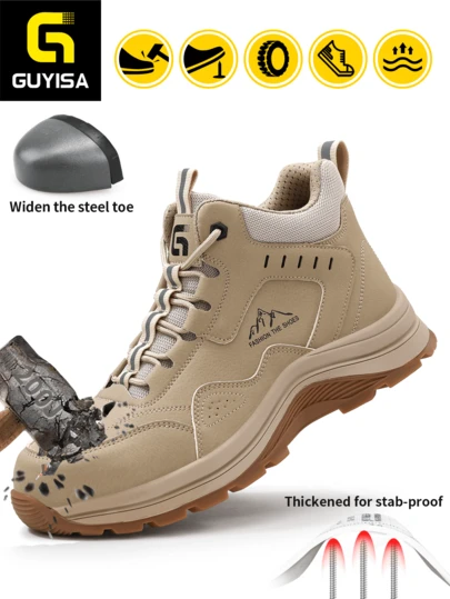 GUYISA Men's Fashion High-Top Safety Boots With Steel Toe, Anti-Crush, Anti-Puncture, Heat-Resistant Oxford Sole, Suitable For Industrial And Construction Work