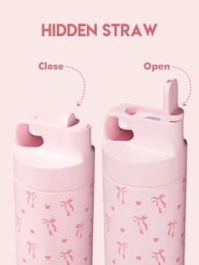 18盎司不锈钢保温水瓶，带图案，防漏便携旅行杯，带吸管，适合学校、健身房、办公室、户外活动，可盛装冷热饮品 - 粉紅色蝴蝶結 - 查看 5