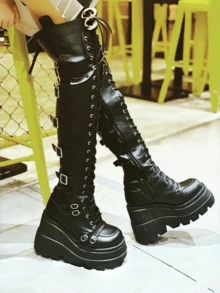 Goth Over Knee Boots For Women Black Platform Chunky Heel Boots Thigh High Goth Y2K Boots Rave Motorcycle Boots With Buckles Side Zip Lace Boots For Christmas Halloween - 黑色 - 查看 8
