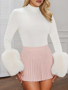 Áo liền thân dài tay thời trang nữ, làm từ polyester, thiết kế cổ đứng với cổ tay áo giả lông sành điệu, co giãn và thoải mái. - trắng - Xem 4