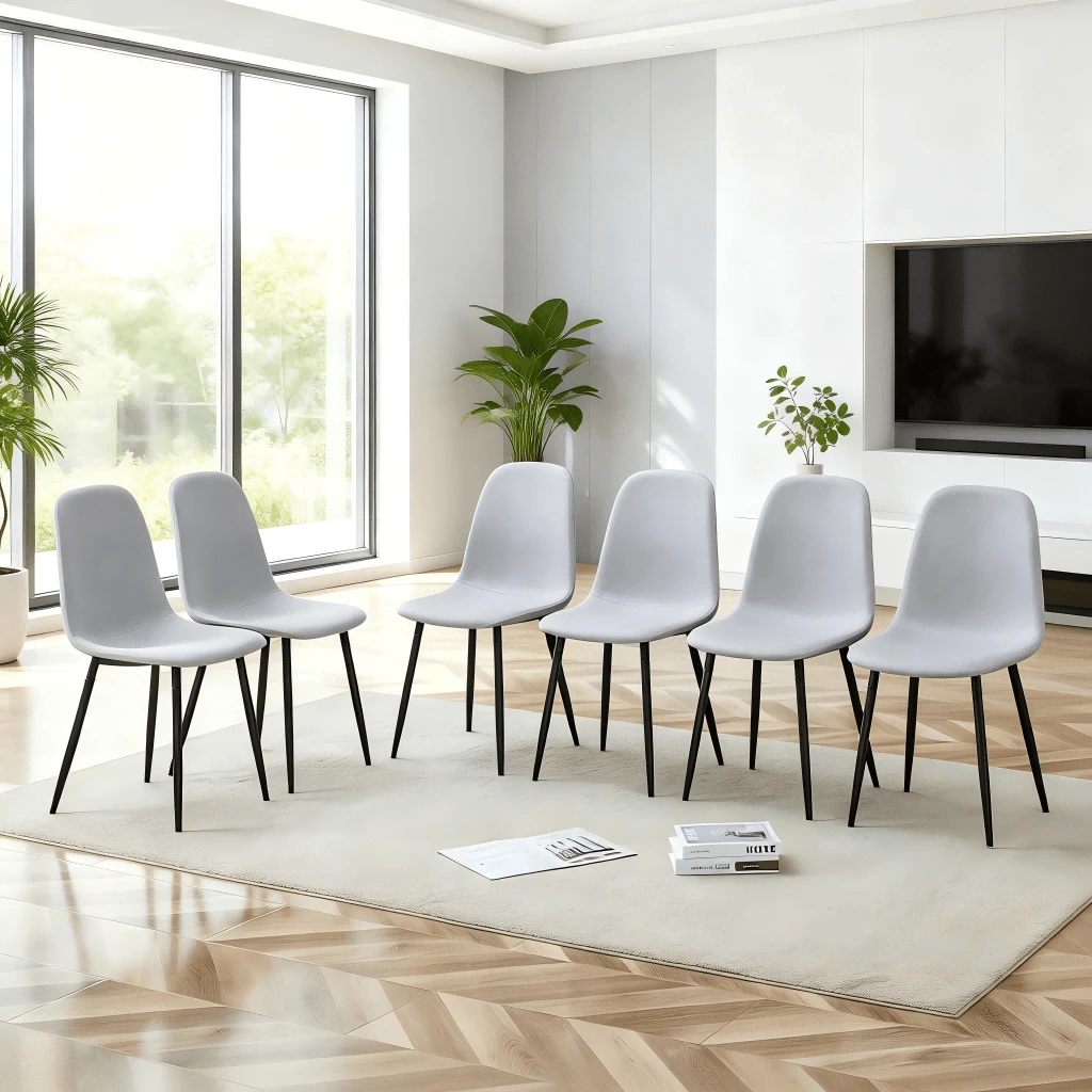 MUUOKY Set Of 6 Dining Chairs, Light Gray Modern Upholstered Dining Room Chairs With Soft Cushions And Black Metal Legs, Comfy Kitchen Side Chairs For Living Room, Lounges, Room Decor, Home Decor, Kitchen Accessories, Valentine Day Decor, Kitchen, Wedding, Valentine Day, Desk - 淺灰色 - 查看 1