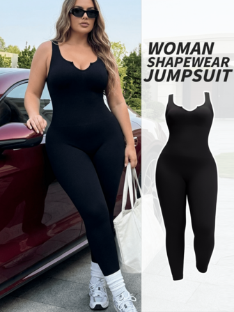 Plus Size Women Seamless Sleeveless Long Jumpsuit, Heart Neck Design, Tummy Control Lift Butt Waist Shaper, Breathable Fabric Suitable For Sports, Yoga & Casual Wear