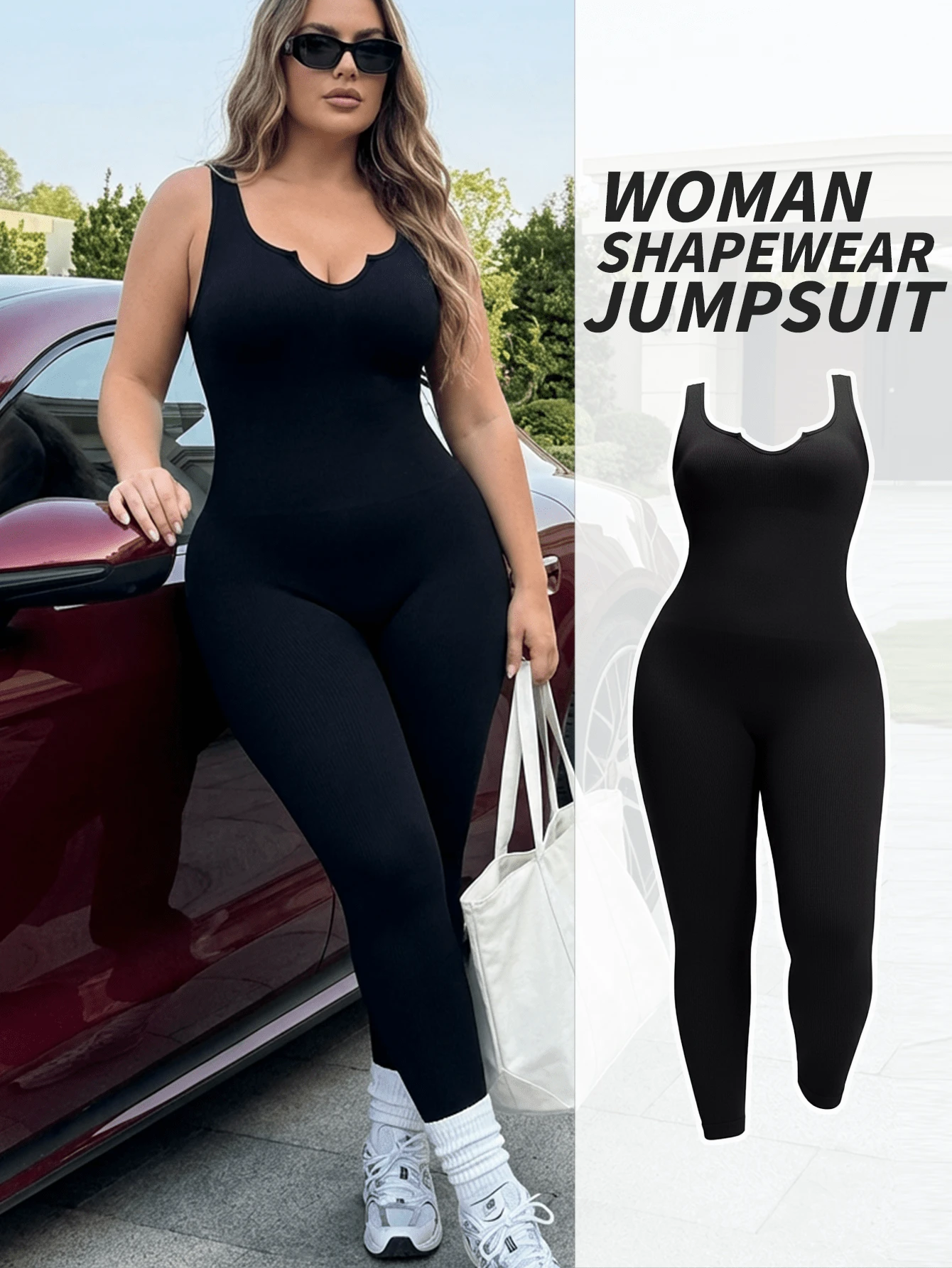 Plus Size Women Seamless Sleeveless Long Jumpsuit, Heart Neck Design, Tummy Control Lift Butt Waist Shaper, Breathable Fabric Suitable For Sports, Yoga & Casual Wear