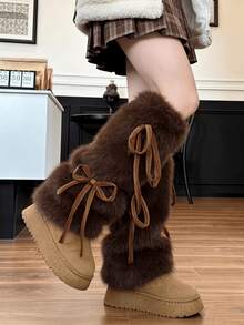 1 đôi tất giữ ấm chân kiểu Y2K thắt nơ, chất liệu lông mềm mại, màu trắng/kaki/nâu, đa năng cho mùa thu/đông (có thể bị rụng lông nhẹ) - Nhiều màu - Xem 5