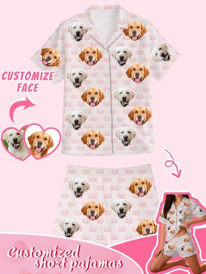 Customized 2pcs Women's Pajama Set, Personalized Pet Portrait Short Sleeve Couple Sleepwear Set, Happy Puppy, Pink, Paw Print Design, Sisters/Best Friends Matching Short Sleeve Top And Shorts Pajama Set, Dog Couples, Pet Friendly Couple Sleepwear Gift, Customized Pajama Gift, Anniversary Gift, Couple Pajamas, Customized Pajama Set, Valentine's Day Sleepwear, Holiday Gift, Fashionable & Cute Personalized Gift For Her, Pajama Set